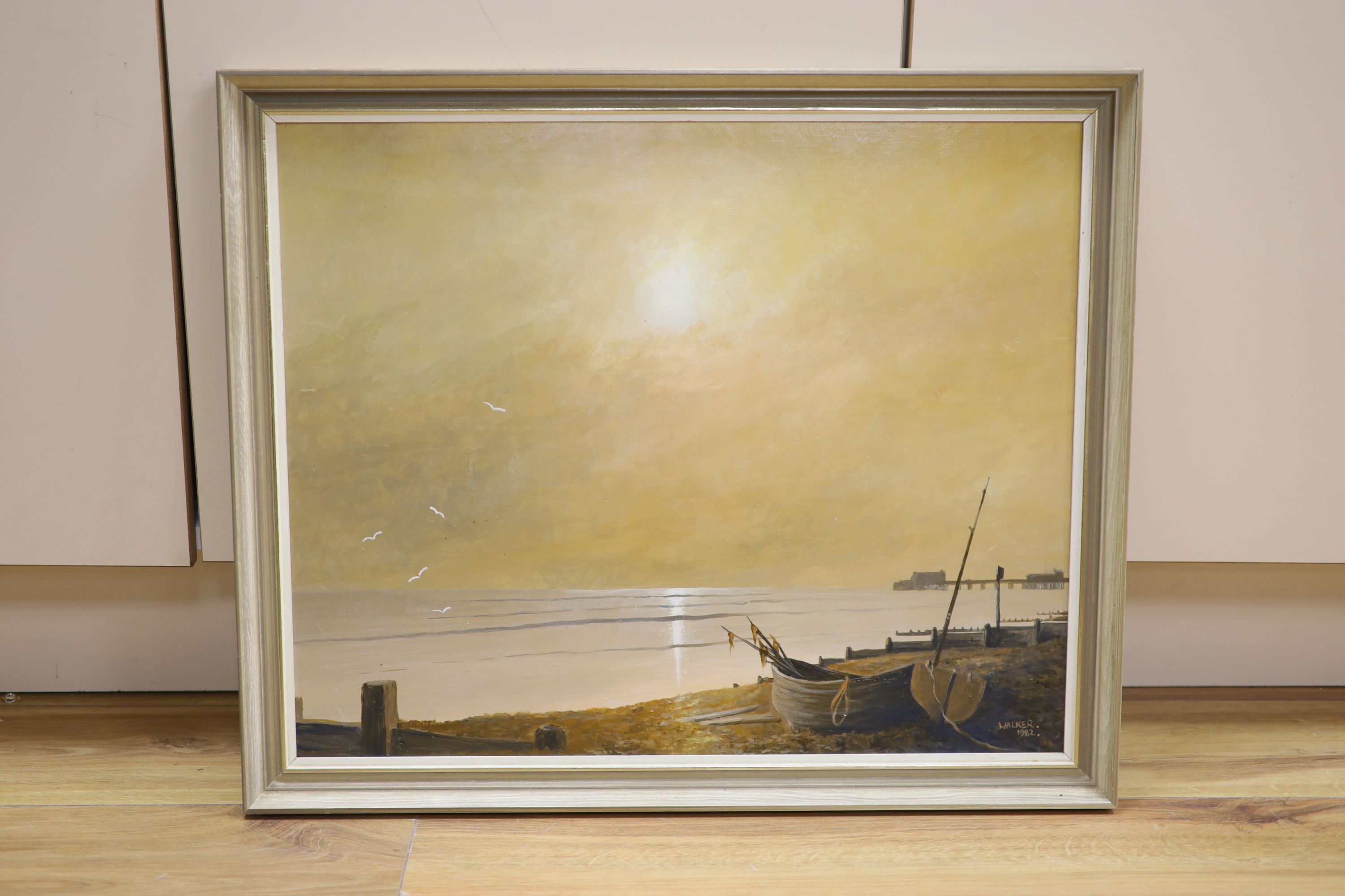 Walker 1982, oil on board, Beach scene with pier, signed and dated, 44 x 54cm